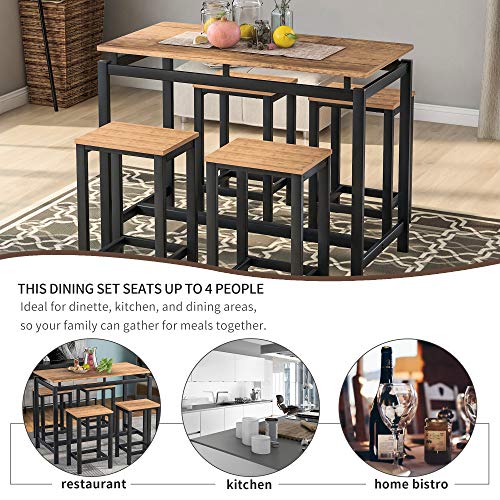 DKLGG 5-Piece Dining Table Set for 4, Modern Kitchen Counter Height Table Set with 4 Stools, Wood Pub Table Bar Table Set, Dining Room Table Set Bar Table and Chairs for Small Space (Brown)