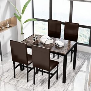 awqm dining table set for 4, modern kitchen table and chairs for 4, faux marble table and 4 upholstered chairs with metal frame, ideal for breakfast nook, dining room, kitchen- brown