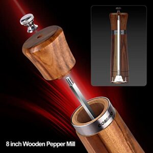 Pepper Grinder Pepper Mill, COANJIUO Wooden Salt Grinder Mill Set, Manual Wood Salt Mill with Spoon/Cleaning Brush, 8 Inch