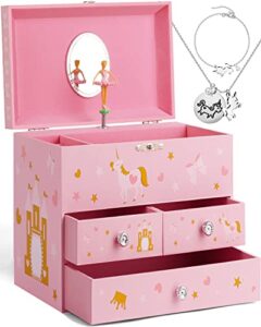 efubaby upgrade musical jewelry box for girls with 3 pullout drawers spinning ballerina & unicorn jewelry set, jewelry boxes for kids girls birthday valentine christmas gift waltz of flowers tune