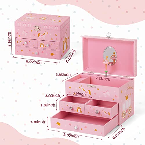 efubaby Upgrade Musical Jewelry Box for Girls with 3 Pullout Drawers Spinning Ballerina & Unicorn Jewelry Set, Jewelry Boxes for Kids Girls Birthday Valentine Christmas Gift Waltz of Flowers Tune