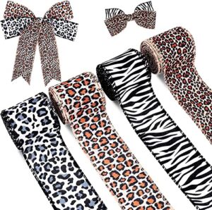 kuscul 4 rolls 20 yards leopard print ribbon animal print ribbon zebra cheetah wired edge ribbon decorative wrapping ribbon for for home decor, gift wrapping, tree topper bow, wreath, diy crafts, 2in
