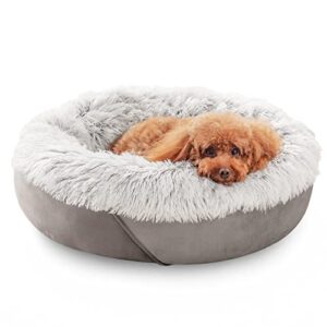 joejoy calming dog bed for small dogs, anti-anxiety puppy cuddler bed, cozy soft round fluffy plush pet bed, machine washable and anti-slip bottom (23", grey)