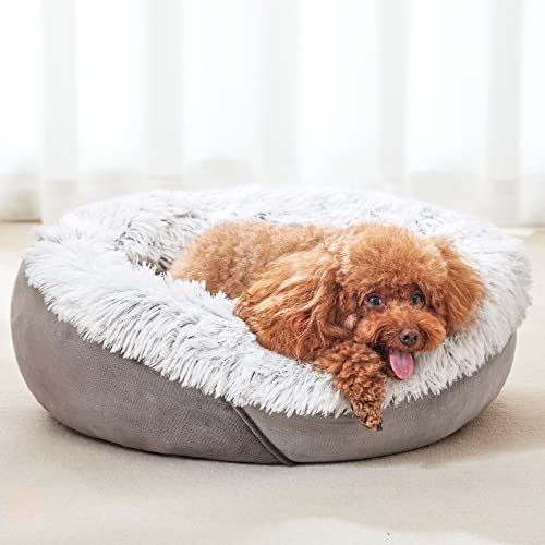 JOEJOY Calming Dog Bed for Small Dogs, Anti-Anxiety Puppy Cuddler Bed, Cozy Soft Round Fluffy Plush Pet Bed, Machine Washable and Anti-Slip Bottom (23", Grey)