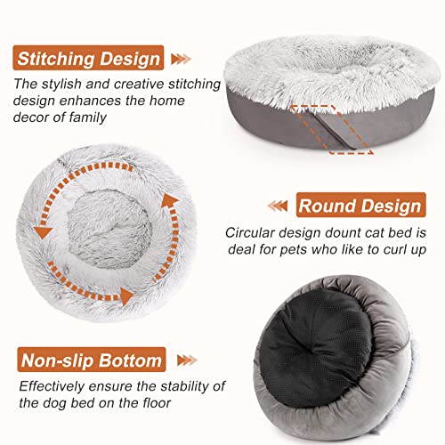JOEJOY Calming Dog Bed for Small Dogs, Anti-Anxiety Puppy Cuddler Bed, Cozy Soft Round Fluffy Plush Pet Bed, Machine Washable and Anti-Slip Bottom (23", Grey)