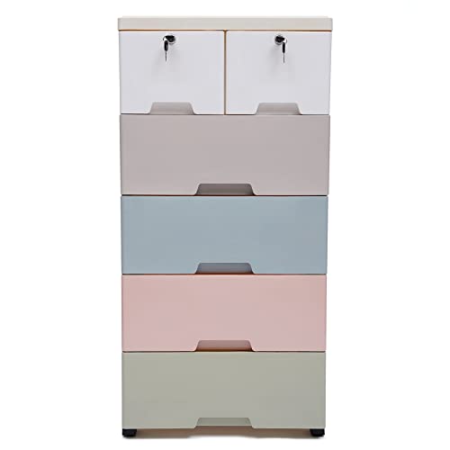 NG NOPTEG Plastic Drawers Dresser, Storage Cabinet with 6 Drawers, Closet Drawers Tall Dresser Organizer for Clothes, Playroom, Bedroom Furniture (Macaron)