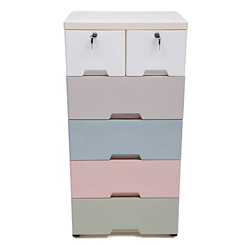 NG NOPTEG Plastic Drawers Dresser, Storage Cabinet with 6 Drawers, Closet Drawers Tall Dresser Organizer for Clothes, Playroom, Bedroom Furniture (Macaron)
