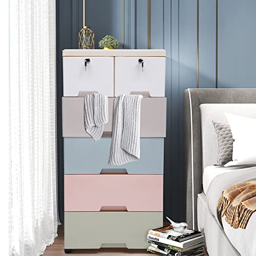 NG NOPTEG Plastic Drawers Dresser, Storage Cabinet with 6 Drawers, Closet Drawers Tall Dresser Organizer for Clothes, Playroom, Bedroom Furniture (Macaron)