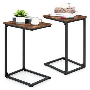 Nandae C Shaped End Table Set of 2, Rustic Side Table Bedside Table with Metal Frame for Laptop, Snack, Sofa Couch, Bed Living Room Bedroom, Rustic Brown