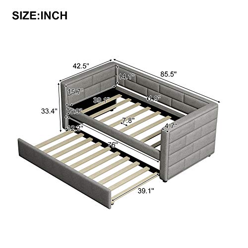 SIYAHOME Twin Size Daybed with Trundle, Upholstered Daybed with Padded Back, Space-Saving Design, Built-in Solid Slat Support for Kids Teens Bedroom, No Box Spring Needed, Grey