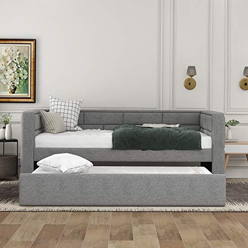 SIYAHOME Twin Size Daybed with Trundle, Upholstered Daybed with Padded Back, Space-Saving Design, Built-in Solid Slat Support for Kids Teens Bedroom, No Box Spring Needed, Grey