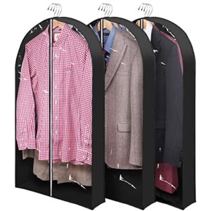 40" garment bags for hanging clothes 4" gusset for closet storage and travel clear hanging bags for dress suits coats moth proof, 3 packs-black