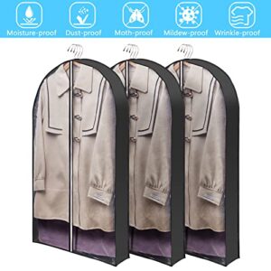 40" Garment Bags for Hanging Clothes 4" Gusset for Closet Storage and Travel Clear Hanging Bags for Dress Suits Coats Moth Proof, 3 Packs-Black