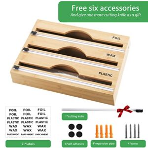 3 in 1 Wrap Dispenser with Cutter and Labels,Foil and Plastic Wrap Organizer for Kitchen, Storage Organizer for Aluminum Foil and Wax Paper,Wall Mount Bamboo Roll Organizer Holder，Send Slide Knife