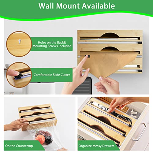 3 in 1 Wrap Dispenser with Cutter and Labels,Foil and Plastic Wrap Organizer for Kitchen, Storage Organizer for Aluminum Foil and Wax Paper,Wall Mount Bamboo Roll Organizer Holder，Send Slide Knife