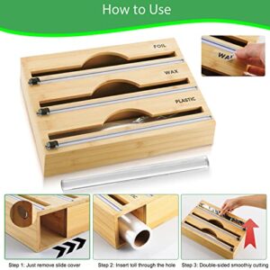 3 in 1 Wrap Dispenser with Cutter and Labels,Foil and Plastic Wrap Organizer for Kitchen, Storage Organizer for Aluminum Foil and Wax Paper,Wall Mount Bamboo Roll Organizer Holder，Send Slide Knife