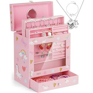 efubaby jewelry box for girls perspective window musical jewelry box for girls with 3 drawers & unicorn jewelry set birthday gifts for little girls kids jewelry storage organizer christmas gifts pink