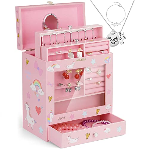 efubaby Jewelry Box for Girls Perspective Window Musical Jewelry Box for Girls with 3 Drawers & Unicorn Jewelry Set Birthday Gifts for Little Girls Kids Jewelry Storage Organizer Christmas Gifts Pink