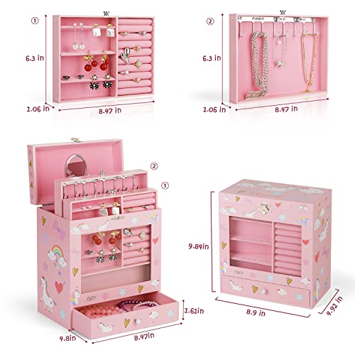 efubaby Jewelry Box for Girls Perspective Window Musical Jewelry Box for Girls with 3 Drawers & Unicorn Jewelry Set Birthday Gifts for Little Girls Kids Jewelry Storage Organizer Christmas Gifts Pink