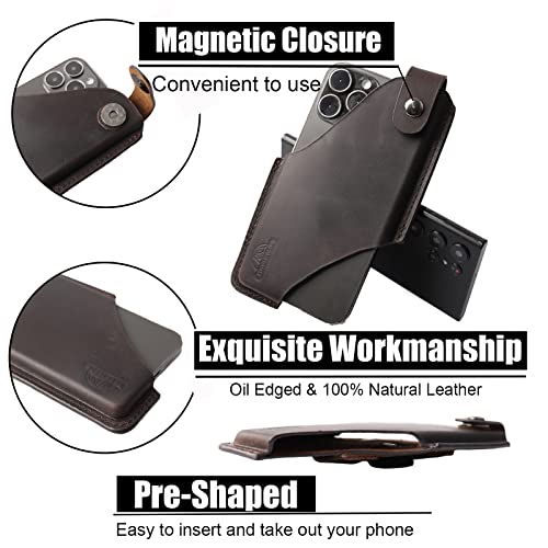 Topstache Leather Phone Holster/ Sheath with Belt Clip Loop, Magnetic Closure,Cell Phone Case/ Pouch for iPhone, Samsung,Darkbrown,Large