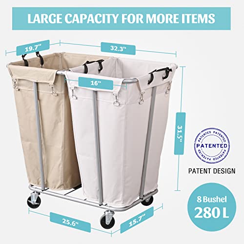 PLKOW Laundry Cart with Wheels 280L Large Laundry Sorter 2 Section for Commercial/Home, Rolling Laundry Cart with Steel Frame and Removable Bag, 8 Bushel, 32.3L x 19.7W x 31.5H Inch