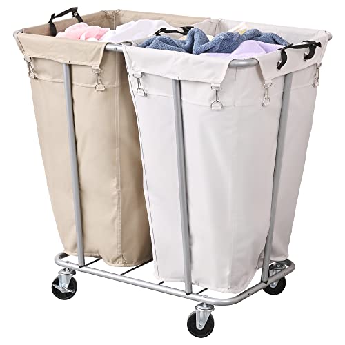 PLKOW Laundry Cart with Wheels 280L Large Laundry Sorter 2 Section for Commercial/Home, Rolling Laundry Cart with Steel Frame and Removable Bag, 8 Bushel, 32.3L x 19.7W x 31.5H Inch