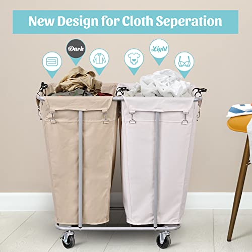 PLKOW Laundry Cart with Wheels 280L Large Laundry Sorter 2 Section for Commercial/Home, Rolling Laundry Cart with Steel Frame and Removable Bag, 8 Bushel, 32.3L x 19.7W x 31.5H Inch