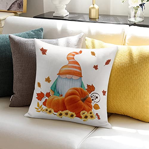 Gnome Pumpkins Sunflowers Decorative Throw Pillow Harvestss Thanksgiving Halloween Autumn Decor Burlap Soft Modern Pillow Shams for Home Sofa Couch Decoration with Zipper Closure 18x18