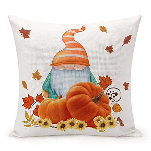 Gnome Pumpkins Sunflowers Decorative Throw Pillow Harvestss Thanksgiving Halloween Autumn Decor Burlap Soft Modern Pillow Shams for Home Sofa Couch Decoration with Zipper Closure 18x18