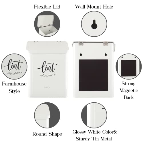 Perfnique Magnetic Lint Bin for Laundry Room with Lint Brush, Wall Mounted Lint Holder Trash can with lid for Dryer, Modern Farmhouse Rustic Metal Laundry Room Storage Organization and Decor(White)