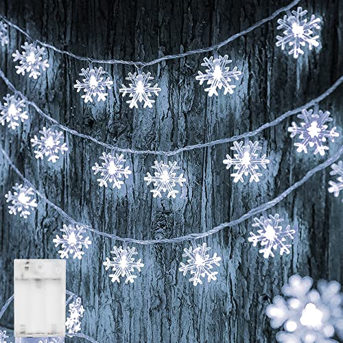 Dazzle Bright Christmas Snowflake String Lights, 2 Pack 50 LED 25 FT Battery Operated Christmas Lights with 2 Lighting Modes for Indoor Outdoor Xmas Tree Party Decorations, White