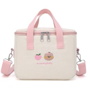kawaii lunch bag cute embroidery lunch box reusable thermal cooler lunch tote bag for back to school supplies (pink)