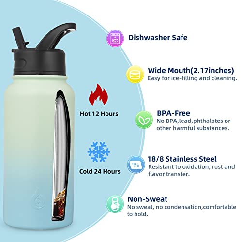 BJPKPK Insulated Water Bottles with Straw Lid, 27oz Stainless Steel Water Bottle with 3 Lids, Leak Proof BPA Free Metal Thermos Mug, Sports Water Bottle Keep Cold & Hot-Mint