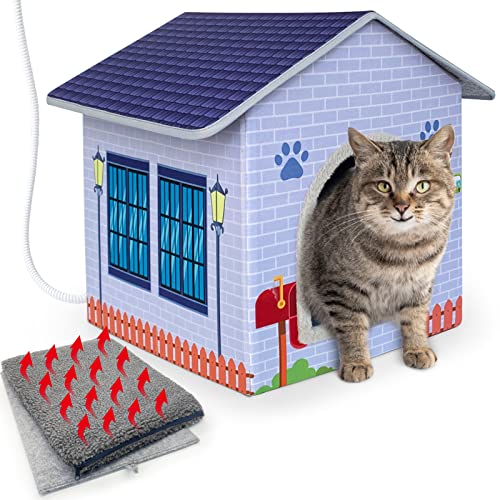 Heated Cat Houses for Indoor/Outdoor Cats with Heated Cat Bed Providing Safe Feral Cats, Easy to Assemble