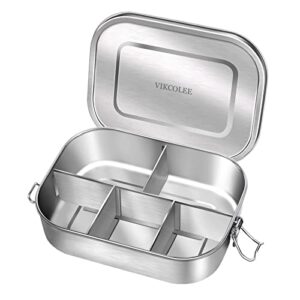 vikcolee stainless steel bento lunch food box container, 5-compartment large 1400ml metal bento lunch box container for kids or adults with lockable clips to leak proof - bpa-free - dishwasher safe