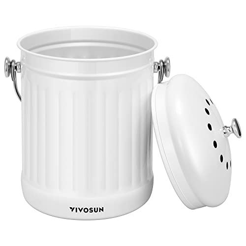 VIVOSUN Indoor Compost Bin, 1.3 Gallon Stainless Steel Compost Bucket with Lid for Kitchen Food Waste - Includes 2 Charcoal Filter, White