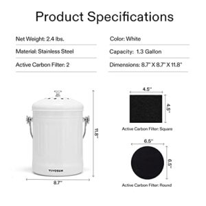 VIVOSUN Indoor Compost Bin, 1.3 Gallon Stainless Steel Compost Bucket with Lid for Kitchen Food Waste - Includes 2 Charcoal Filter, White