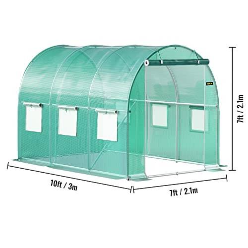 VEVOR Walk-in Tunnel Greenhouse, 10 x 7 x 7 ft Portable Plant Hot House w/ Zippered Door, 6 Roll-up Windows, Galvanized Steel Hoops, 1 Top Beam, and 2 Diagonal Poles, Green