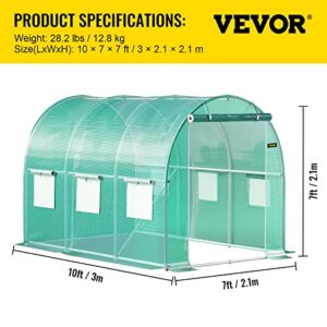 VEVOR Walk-in Tunnel Greenhouse, 10 x 7 x 7 ft Portable Plant Hot House w/ Zippered Door, 6 Roll-up Windows, Galvanized Steel Hoops, 1 Top Beam, and 2 Diagonal Poles, Green