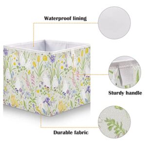 Kigai Rectangular Storage Bin Cute Bunny and Floral Foldable Storage Basket Toy Storage Box for Home Organizing Shelf Closet Bins, 15.8 x 10.6 x 7-Inch