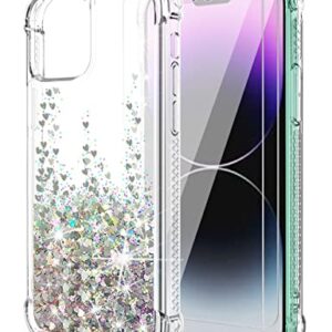 SunStory for iPhone 14 Pro Max Case Clear Glitter with Tempered Glass Screen Protector [2 Packs] Moving Shiny Quicksand Glitter and PC+TPU Phone Case for iPhone 14 Pro Max (6.7inch) (Silver)