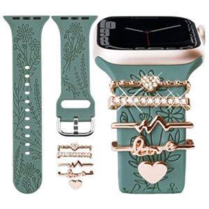 watch band charms (band included), compatible with apple watch band 38mm 40mm 41mm, oratyfan floral engraved silicone bands & metal decorative ring loops accessories for iwatch series se 8 7 6 5 4 3 2 1
