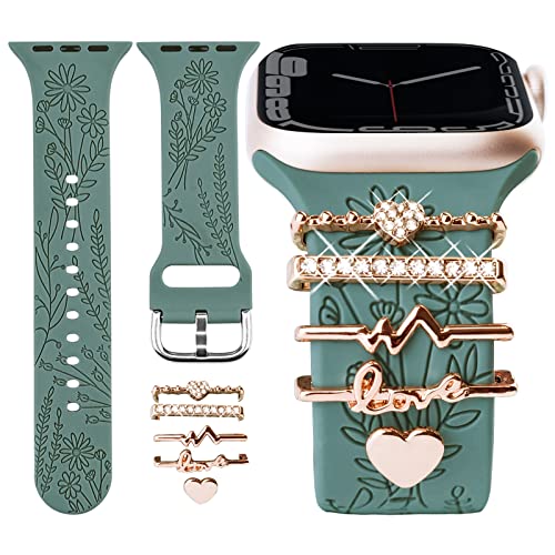 Watch Band Charms (Band Included), Compatible with Apple Watch Band 38mm 40mm 41mm, ORATYFAN Floral Engraved Silicone Bands & Metal Decorative Ring Loops Accessories for iWatch Series se 8 7 6 5 4 3 2 1