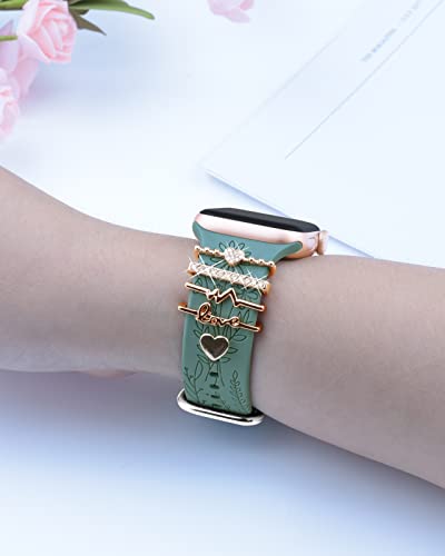 Watch Band Charms (Band Included), Compatible with Apple Watch Band 38mm 40mm 41mm, ORATYFAN Floral Engraved Silicone Bands & Metal Decorative Ring Loops Accessories for iWatch Series se 8 7 6 5 4 3 2 1