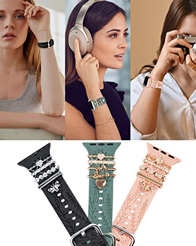 Watch Band Charms (Band Included), Compatible with Apple Watch Band 38mm 40mm 41mm, ORATYFAN Floral Engraved Silicone Bands & Metal Decorative Ring Loops Accessories for iWatch Series se 8 7 6 5 4 3 2 1