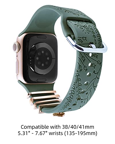 Watch Band Charms (Band Included), Compatible with Apple Watch Band 38mm 40mm 41mm, ORATYFAN Floral Engraved Silicone Bands & Metal Decorative Ring Loops Accessories for iWatch Series se 8 7 6 5 4 3 2 1