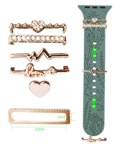 Watch Band Charms (Band Included), Compatible with Apple Watch Band 38mm 40mm 41mm, ORATYFAN Floral Engraved Silicone Bands & Metal Decorative Ring Loops Accessories for iWatch Series se 8 7 6 5 4 3 2 1