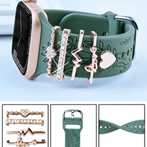 Watch Band Charms (Band Included), Compatible with Apple Watch Band 38mm 40mm 41mm, ORATYFAN Floral Engraved Silicone Bands & Metal Decorative Ring Loops Accessories for iWatch Series se 8 7 6 5 4 3 2 1