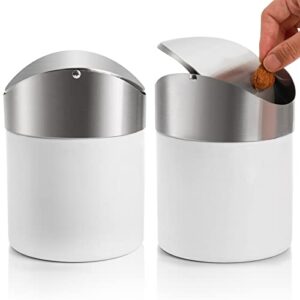 zoofox 2 pack mini trash can, white stainless steel garbage bin with swing lid, small countertop trash can for home, office, kitchen, vanity tabletop, bedroom, car