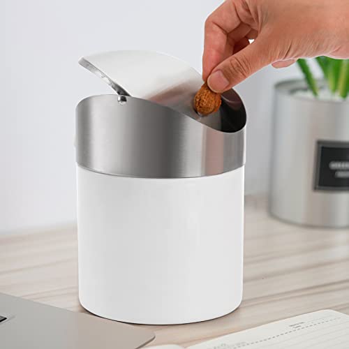 ZOOFOX 2 Pack Mini Trash Can, White Stainless Steel Garbage Bin with Swing Lid, Small Countertop Trash Can for Home, Office, Kitchen, Vanity Tabletop, Bedroom, Car